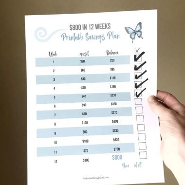 Hand holding out printable. Try this Money Saving Challenge to save $800 in just 12 weeks! Use the printable to check off each box as you reach each weekly savings goal. You can also do this money saving challenge four times during the year and have $3200 saved after less than 52 weeks! Fun way to budget for vacation, Christmas, etc.