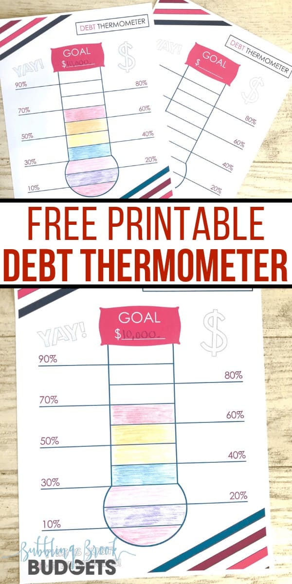 This free printable debt thermometer is also a goal thermometer -- use it to track your debt payoff goals! Great for budgeting your way through Dave Ramsey's baby step 2!