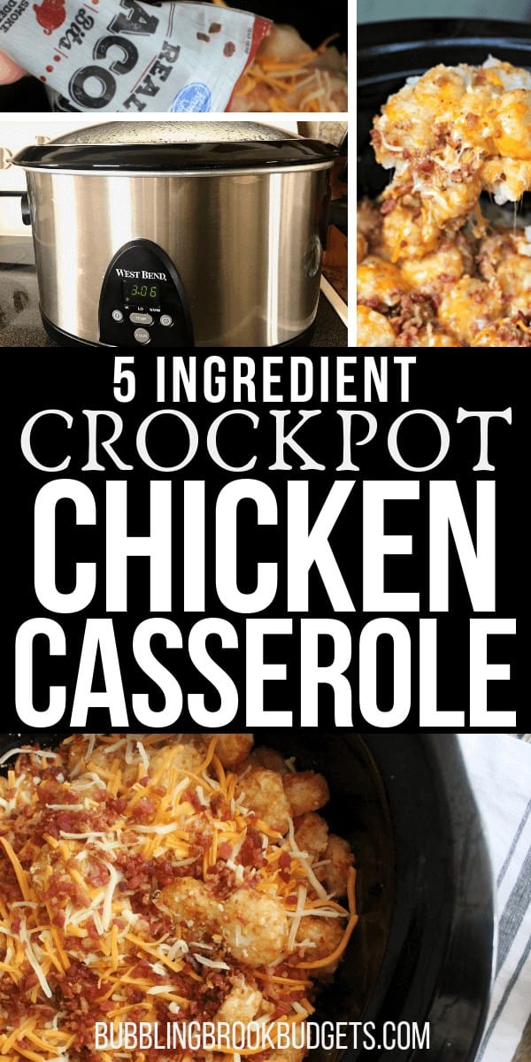 This easy Crock Pot Tater Tot Casserole has lots of chicken, cheese, and real bacon! It's a crock pot chicken casserole recipe the whole family will love.