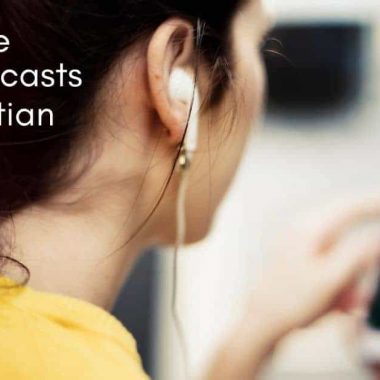 Woman with earbuds listening to a podcast