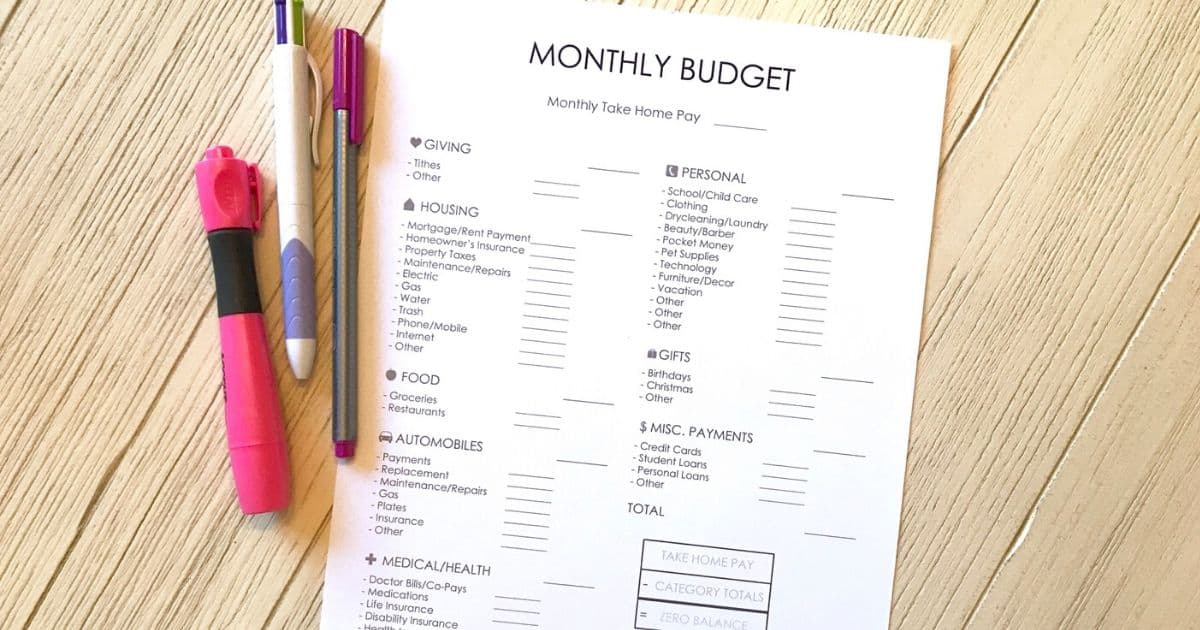 free monthly budget printable on a desk with pens